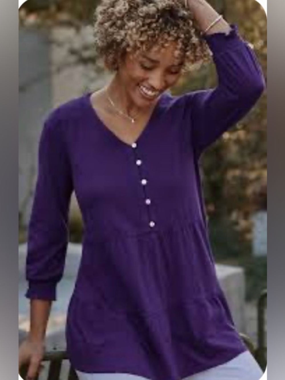 J. Jill Deep Purple V-Neck Tiered Button-Front Tunic